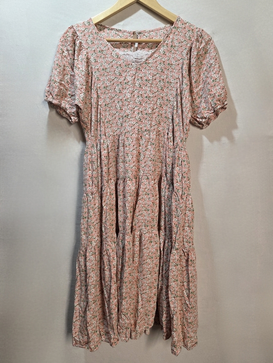 Dresses & Skirts - Pink Floral Print Cottagecore Loose Fit Midi Dress Tiered Ruffled Skirt Pockets